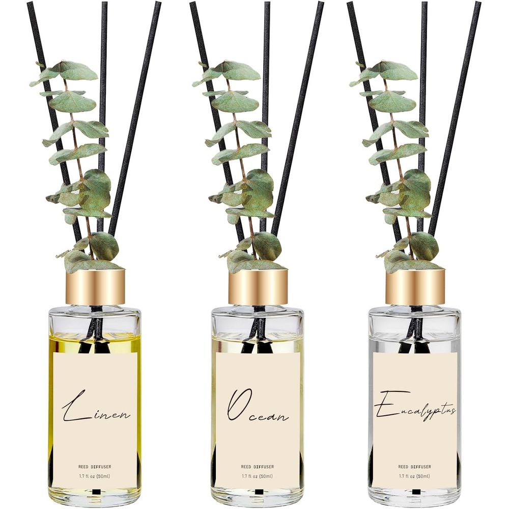 Home Fragrance Eucalyptus - ชุดน้ำหอมปรับอากาศกลิ่นยูคาลิปตัส ผ้าลินิน และมหาสมุทร 3 ชิ้น พร้อมก้านไม้หอม